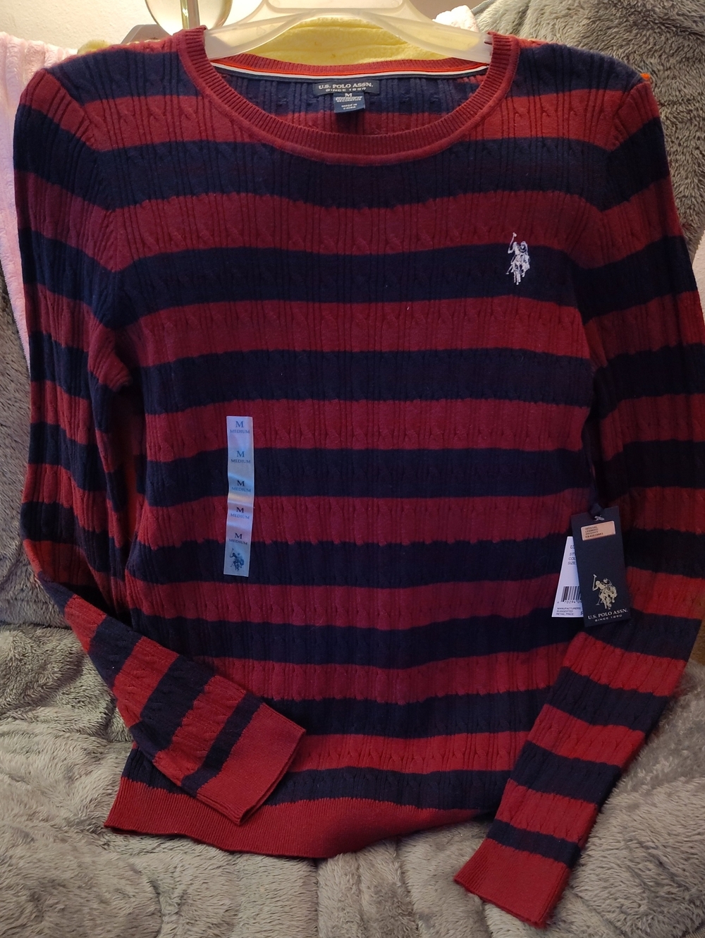 U.S. Polo Assn. Red and Navy Striped Cable Crewneck Sweater
